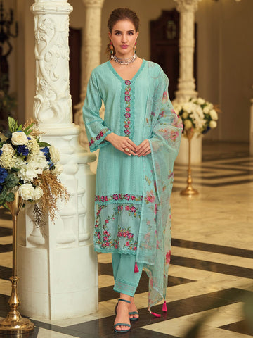 Varanga Women Floral Motif Thread Embroidered & Orangza Lace Detailed Kurta With Trouser & Dupatta